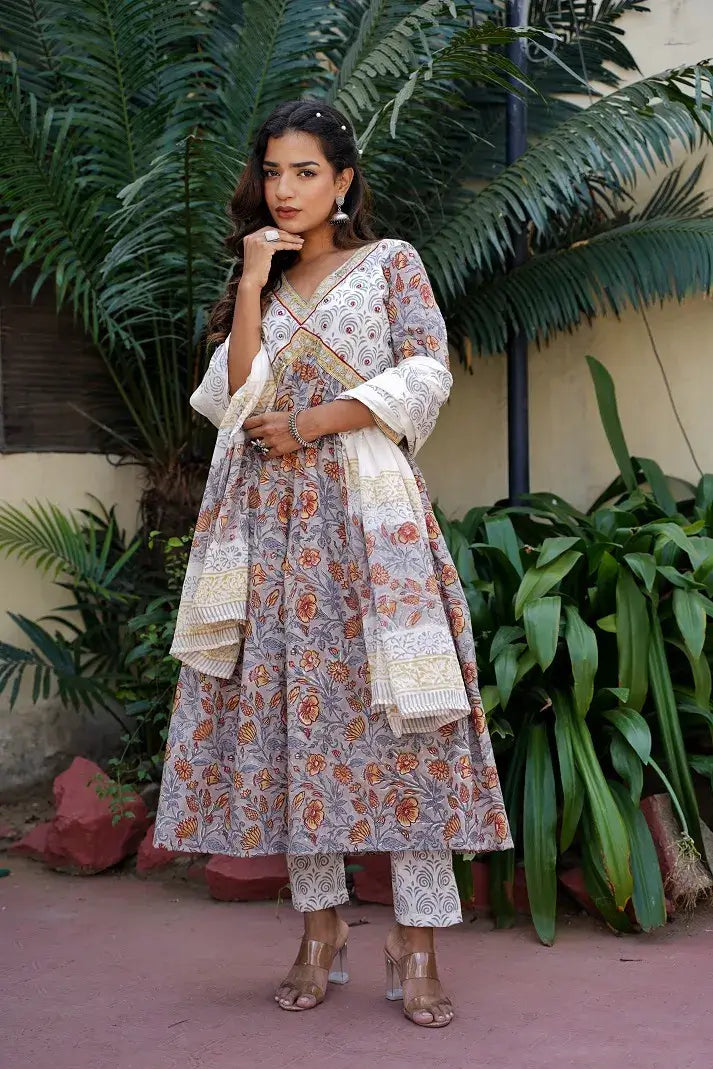 Pure cotton handblock printed flared kurta set with embroidery