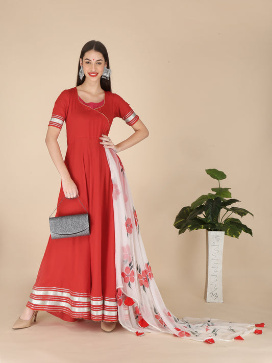 Red long dress with hand painted dupatta
