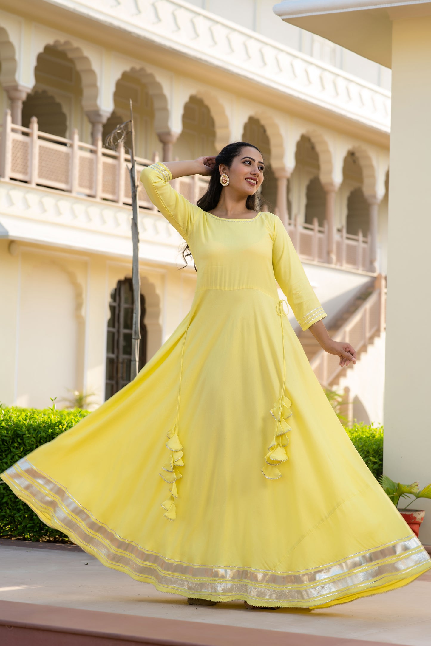 Yellow gown with hand painted dupatta