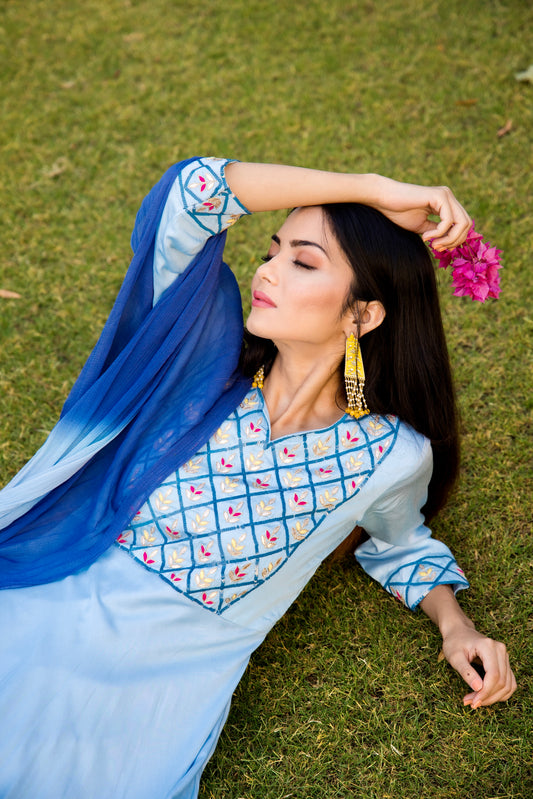 Blue ombre gown with shaded dupatta