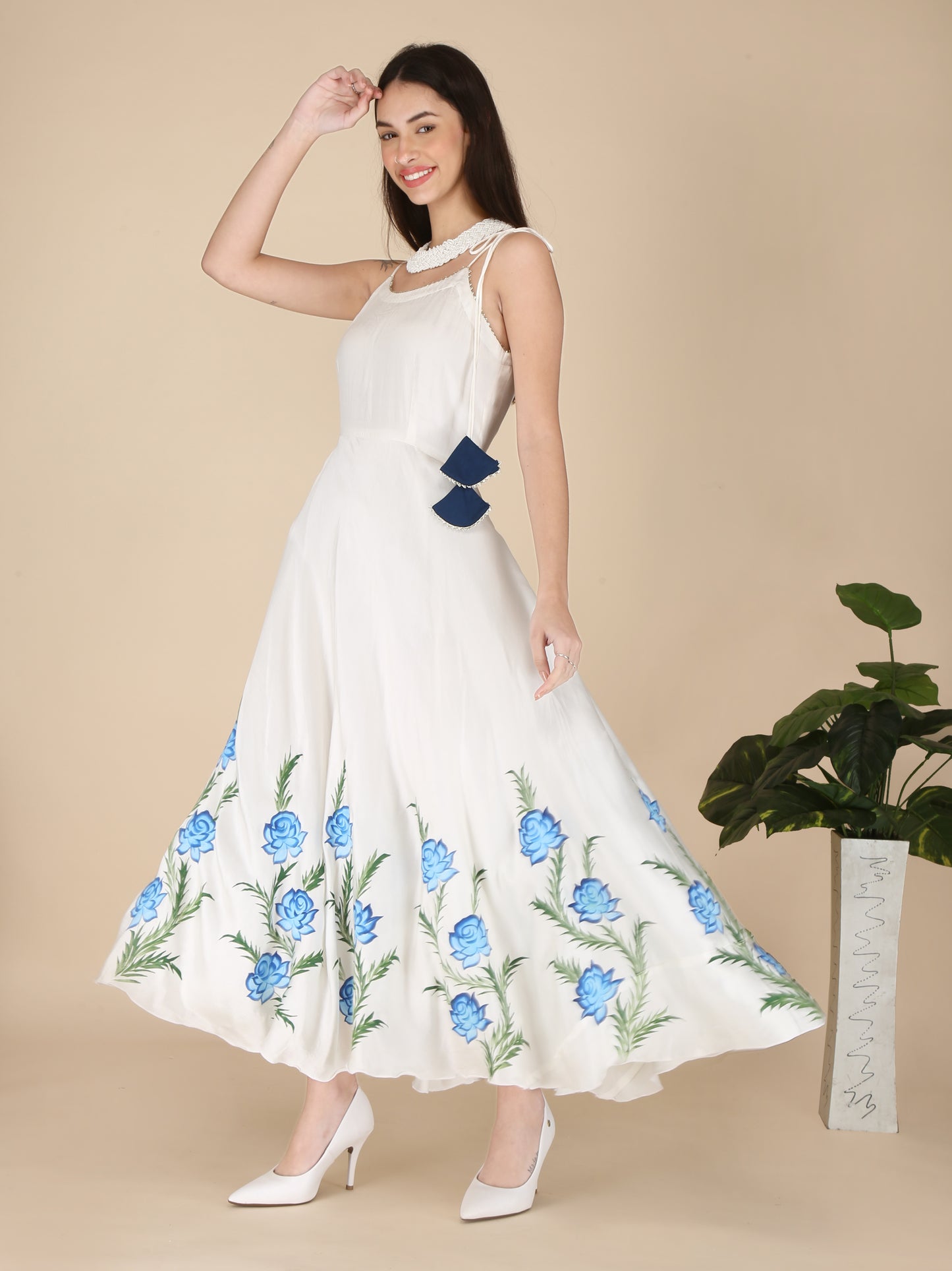 White handpainted dress with dupatta