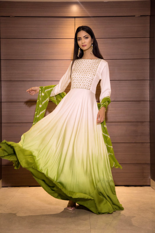 Green Ombre gown with leheriya dupatta