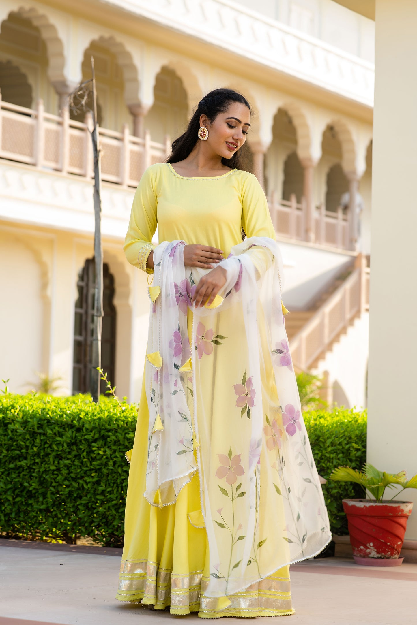 Yellow gown with hand painted dupatta