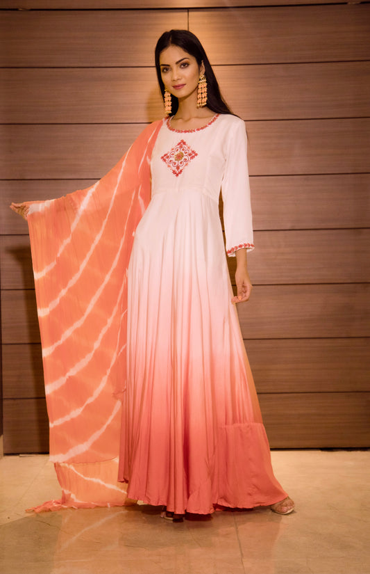 Peach ombre gown with leheriya dupatta