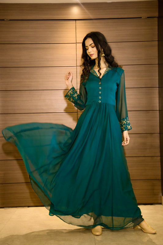 Teal collared gown